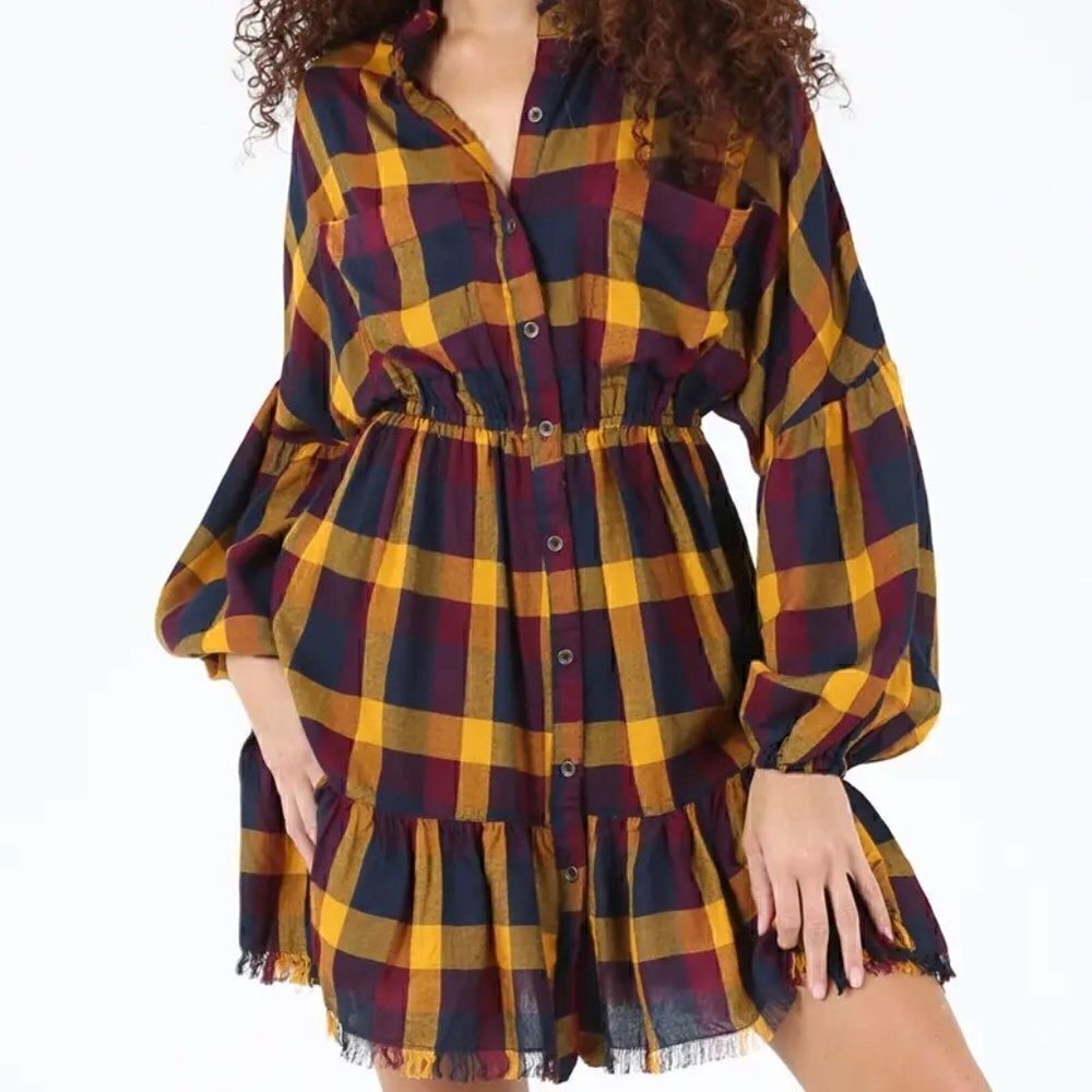 NEW! Boho Multi Colored Plaid Fringe Bottom Button Front Mini Dress Long Sleeve - Picture 2 of 5